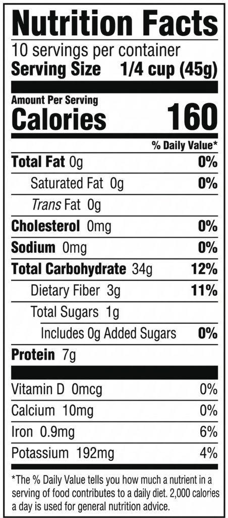 Nutritional information label for Canoe Wild Rice showing 160 calories and 7g of protein per serving.